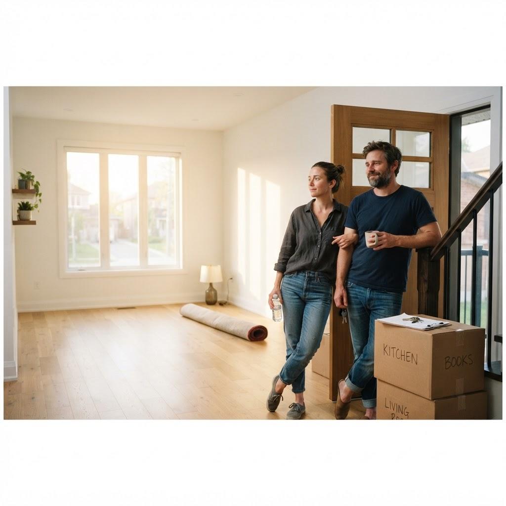 Couple in an almost-empty home during a move, boxes near the door, looking tired but composed — the move is nearly done but the cleaning still remains