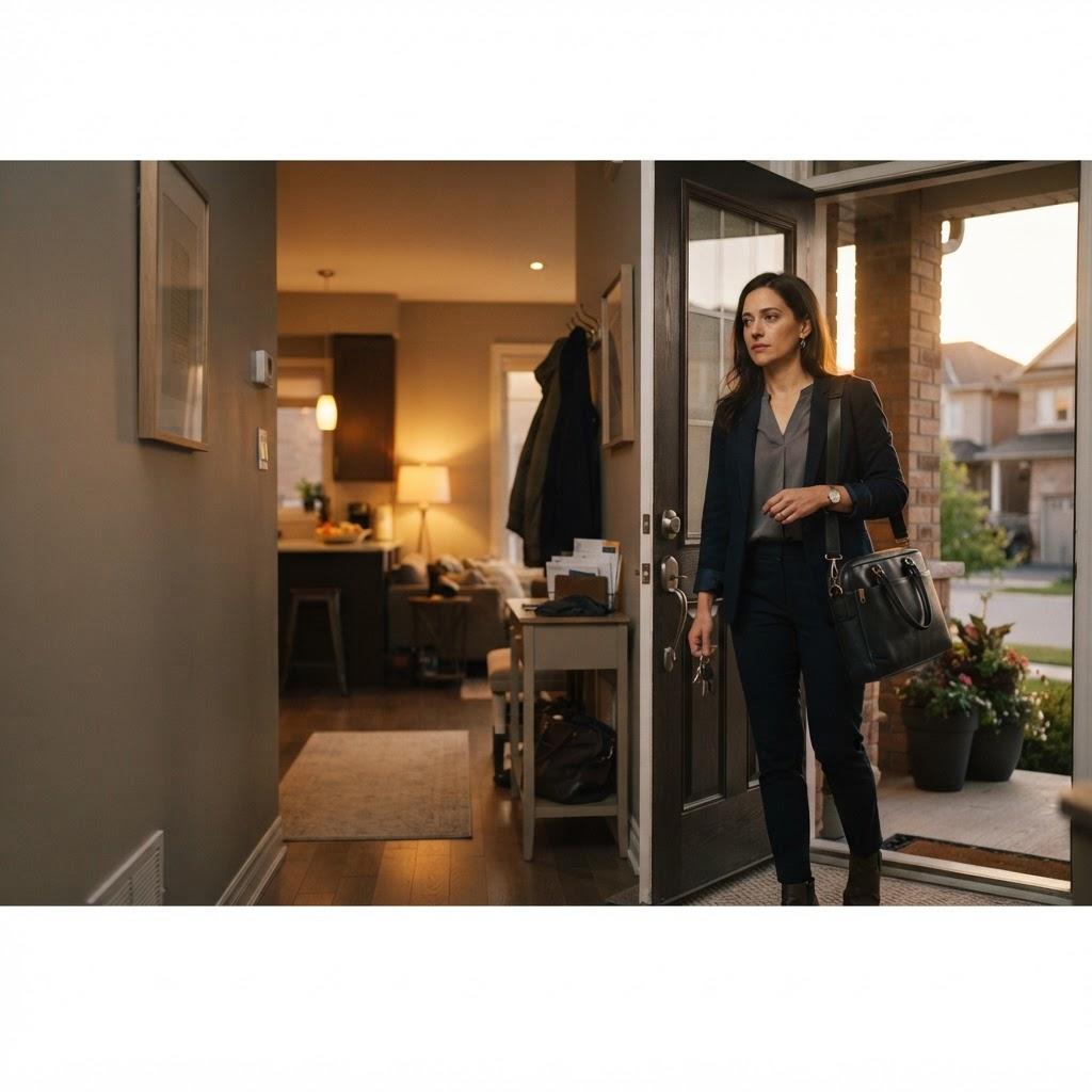Professional woman arriving home after work, standing at the front door of a modern GTA home in the early evening, looking at the home that needs cleaning